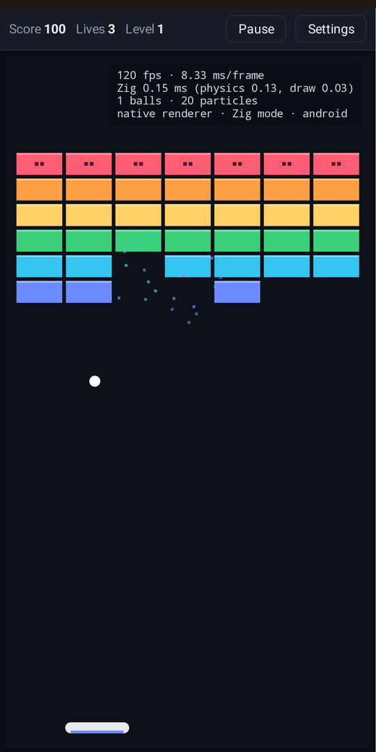 Breakout in the native renderer on an Android phone, Zig mode, at 120 fps