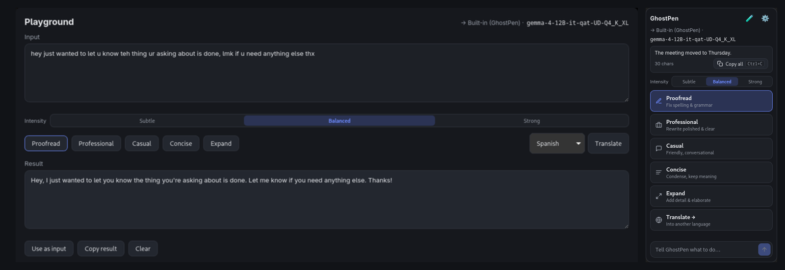 GhostPen: the Playground and the menu, running a built-in model