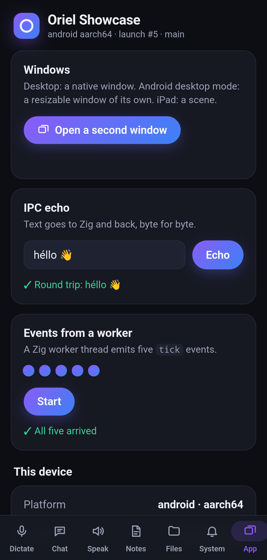 The showcase's App tab: windows, the IPC echo and events from a worker