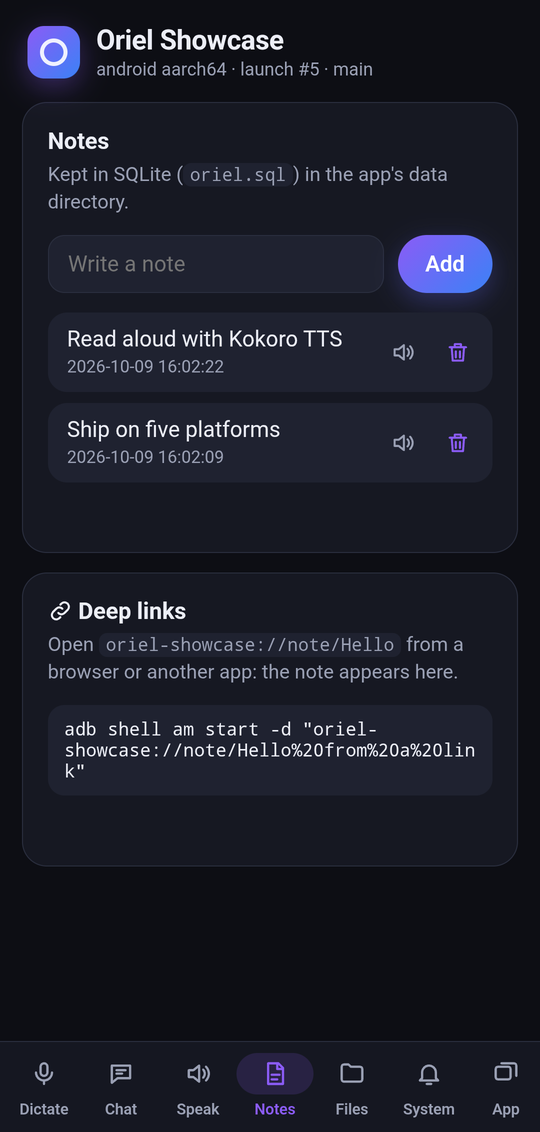 The showcase's Notes tab: notes in SQLite, added by a deep link, each read aloud on a tap